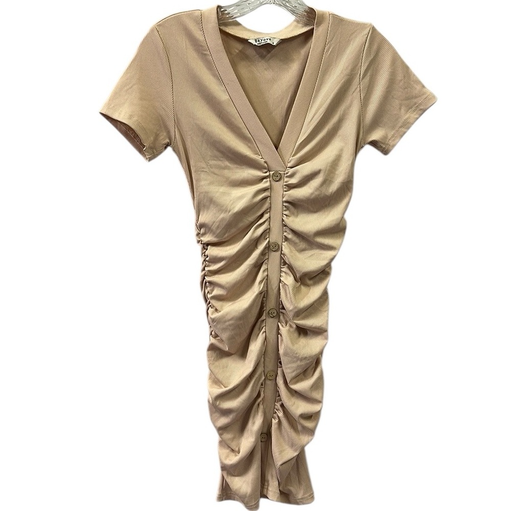 Beyove Ruched Bodycon Ribbed V Neck Button Front Short Sleeve Mini Dress Small - Picture 9 of 10